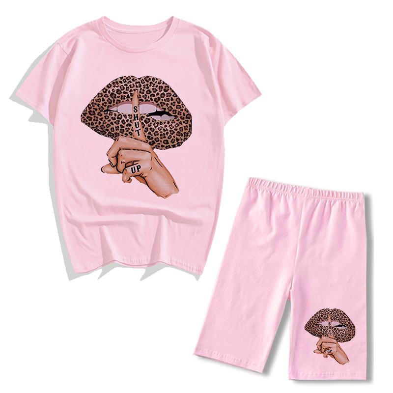 Mùa Hè Lepard Môi In Hình Biker Quần Short 2 Bộ Áo Thun Chui Đầu Nữ Áo Thun Nữ Quần Jogger Short Bộ Nữ Ngắn Phù Hợp Với Áo Trang Phục