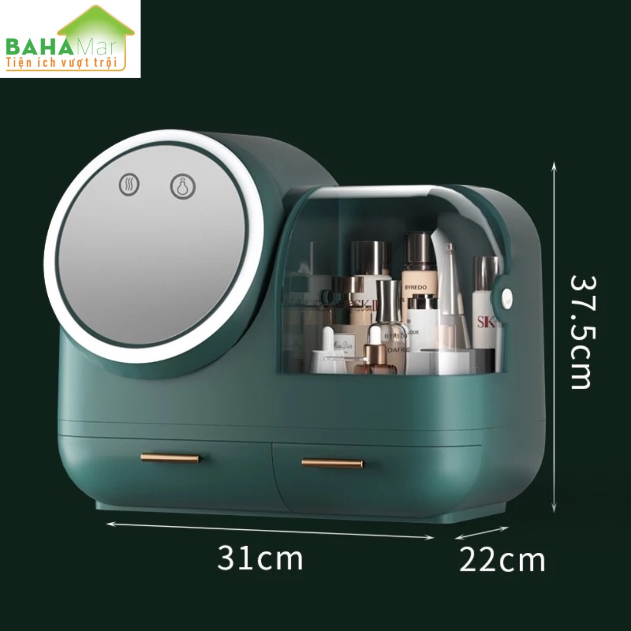 HỘP ĐỰNG MỸ PHẨM CÓ GƯƠNG TRANG ĐIỂM ĐÈN LED QUẠT BAHAMAR có quạt thổi khô lớp trang điểm thiết kế tay cầm dễ dàng xách di chuyển hộp chống bụi v