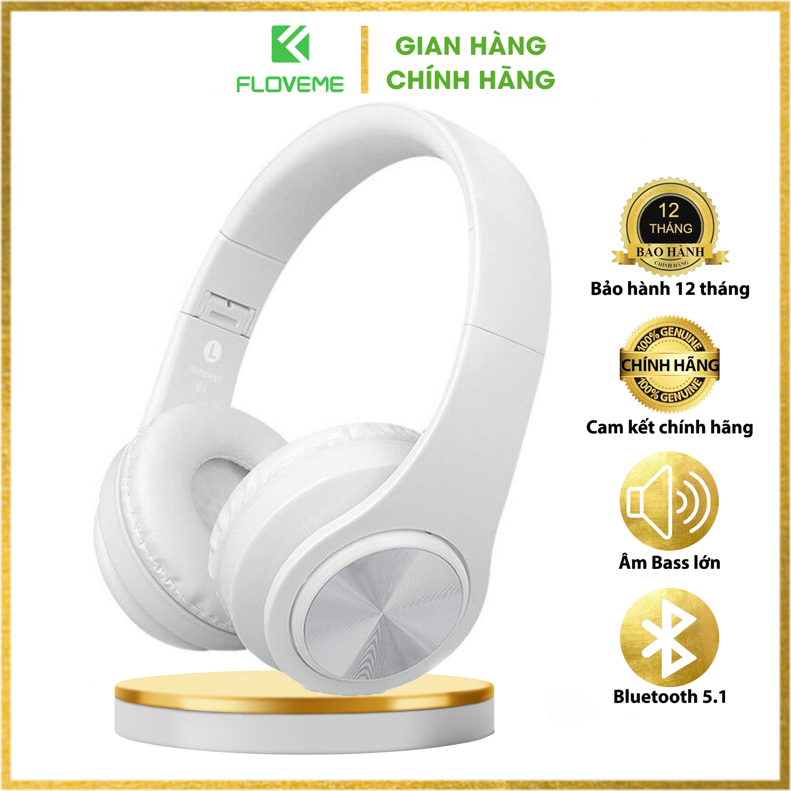 Tai nghe Bluetooth FLOVEME B3 - Có Đèn LED, Khe Cắm thẻ Nhớ Thông Minh không dây âm thanh Bass êm, cao cấp - Thiết kế sang trọng  - Hàng chính hãng