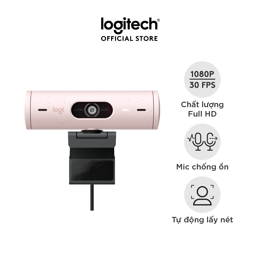 Webcam Logitech Full HD Brio 500 - Tự động điều chỉnh ánh sáng, Tự động lấy khung hình,Show mode, Mic kép giảm ồn, nắp che bảo mật, Hoạt động với Microsoft Teams, Google Meet, Zoom - Hàng chính hãng