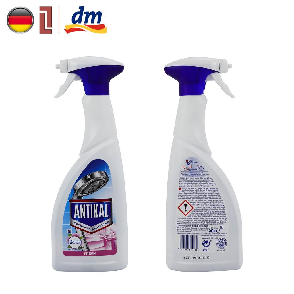 Chai xịt dung dịch tẩy cặn bám inox trong nhà tắm Denkmit Antikal Kalkreiniger Febreze hương hoa 700ml nhập khẩu Đức