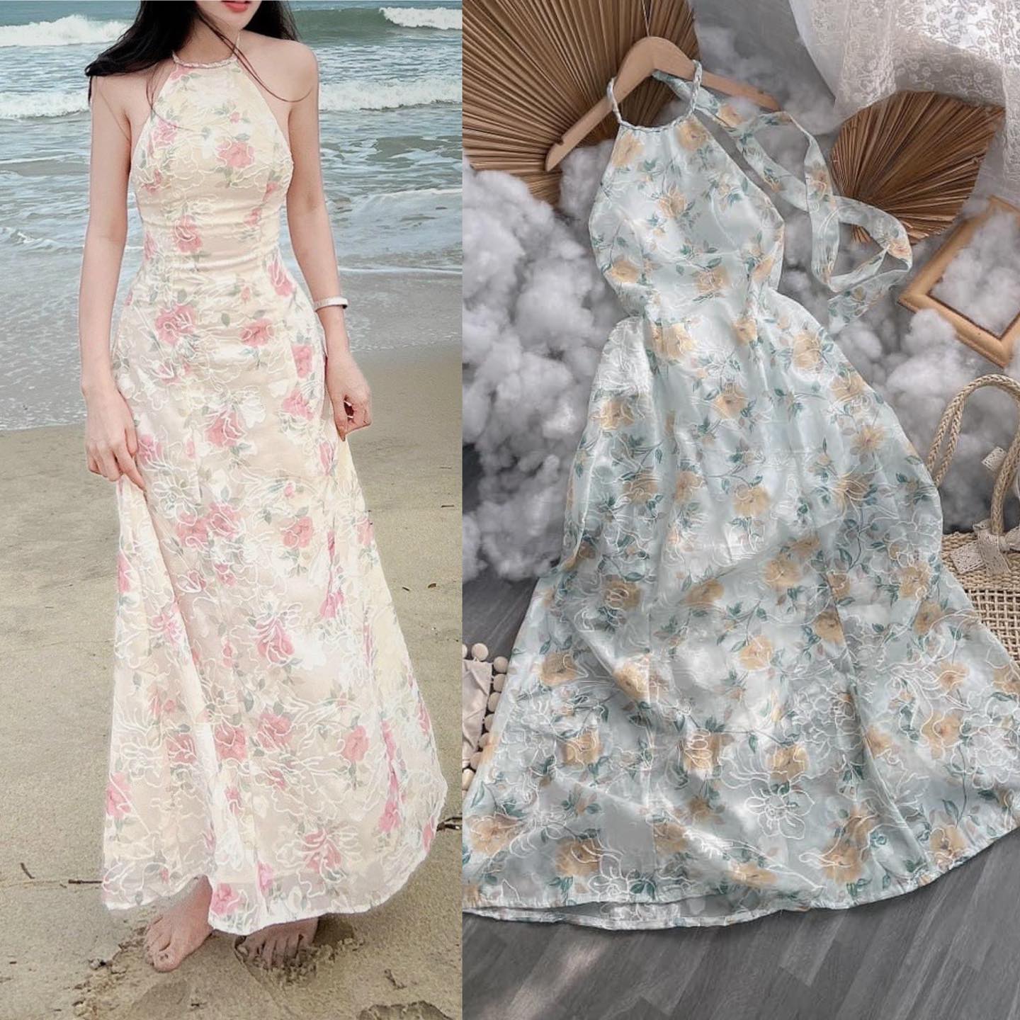 ĐẦM DÀI ĐI BIỂN SUÔNG TRƠN HOA FLORAL DÂY CỔ YẾM MAXI MIDI DẠO PHỐ DỰ TIỆC