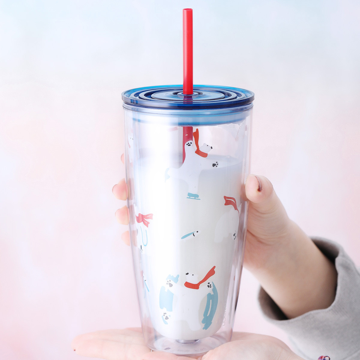 Ly nhựa 2 lớp Lock&amp;Lock màu xanh dương HAP507BLU 750ml - Hàng chính hãng, có ống hút, có nắp đậy - JoyMall
