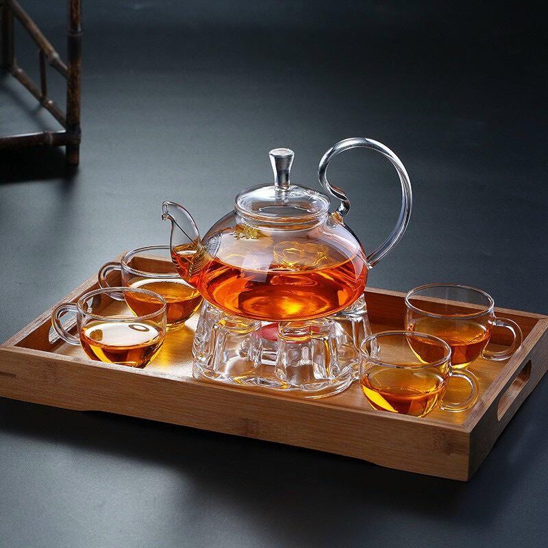 Bộ ấm trà thủy tinh tay vồng 600ml kèm khay và đế đun