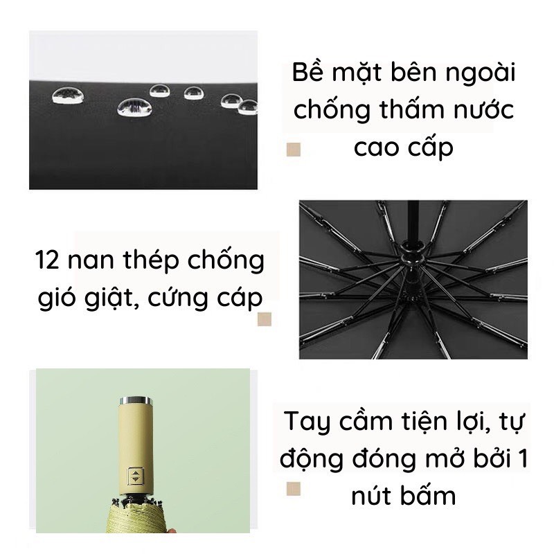 Ô Dù Tự Bật 2 Chiều Gấp Gọn Che Mưa Nắng 12 Nan Tán Rộng Chống Tia UV Cao Cấp - Hàng Loại 1 _ Chính hãng MINIIN