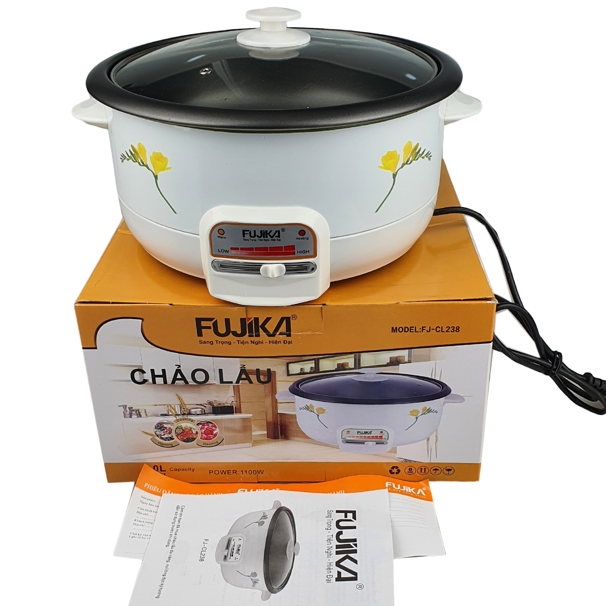 Nồi Lẩu Điện 3L Chống Dính Fujika FJ-CL238 Đa Năng Nắp Kính Công Suất 1100W -Hàng Chính Hãng