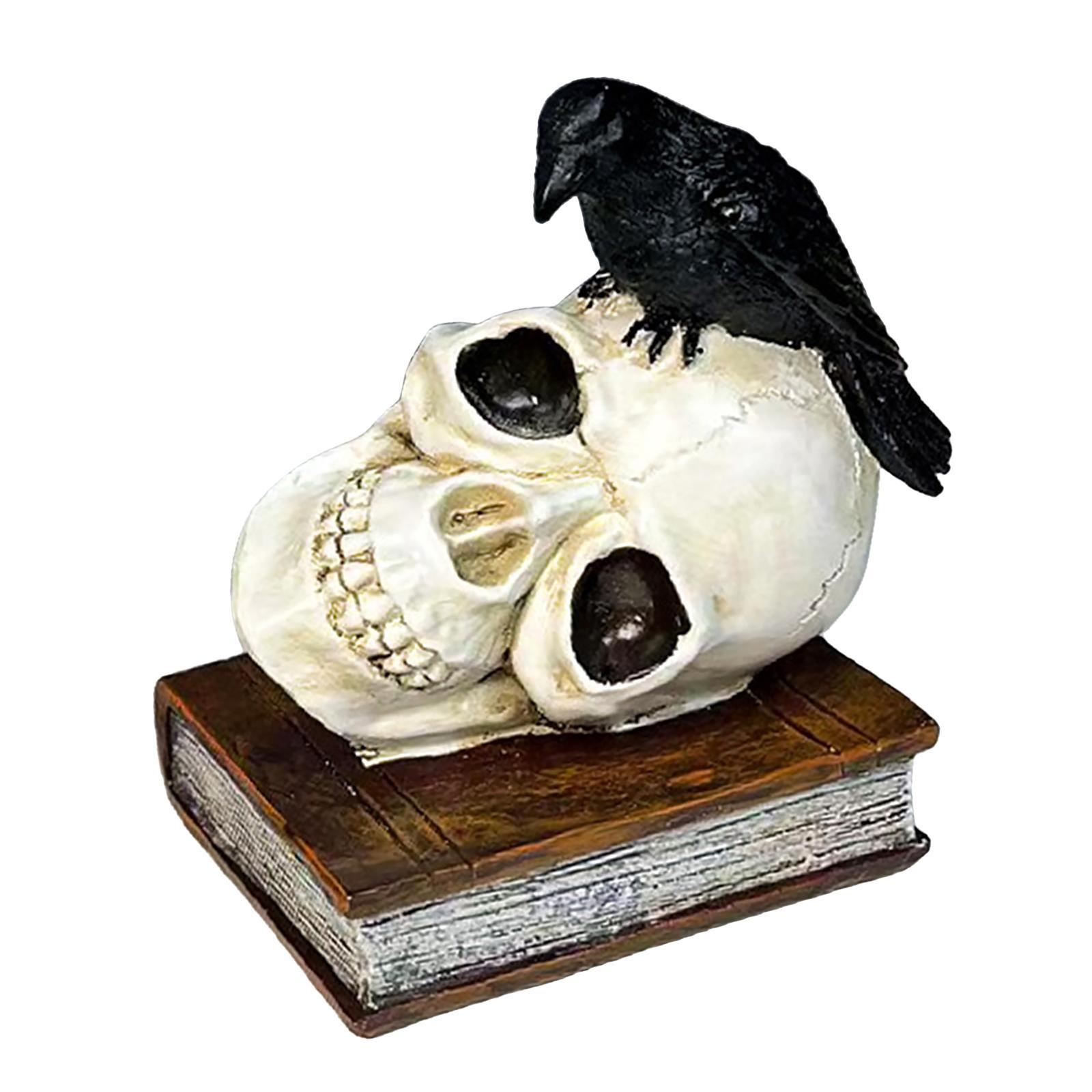 Perched Raven on Skull and Book Statue Ornament for Halloween Desktop Coffee