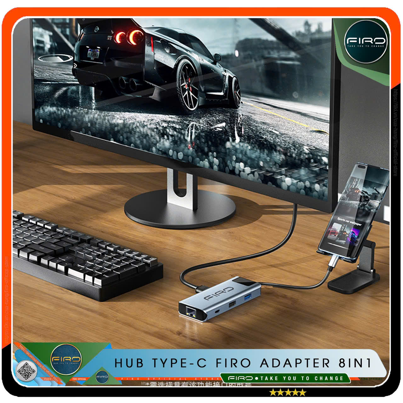 Hub Type-C FIRO 8in1 - Hub Chuyển Đổi Type-C To HDMI 8in1 Chuẩn HDTV - 1 Cổng HDMI 4K, 2 Cổng USB 3.0 / 2.0, 2 Khe Đọc Thẻ TF / SD, 2 Cổng PD / USB-C, 1 Cổng Mạng Lan - Kết Nối Tốc Độ Cao - Dùng Cho Smartphone/Laptop/PC/Tivi/Playstation - Hàng Chính Hãng