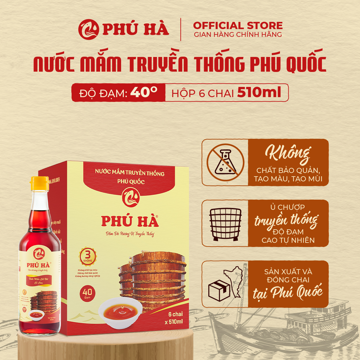 Nước mắm truyền thống Phú Quốc Phú Hà 40 độ đạm - Hộp 6 chai 510ml