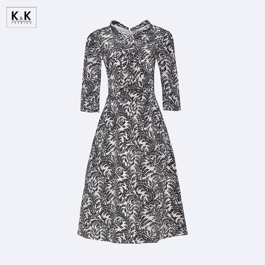 Đầm Xòe Công Sở Họa Tiết Tay Lửng K&amp;K Fashion KK119-18 Chất Liệu Lụa