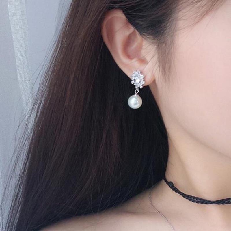 Bông Tai Bạc S925 Hình Bông Tuyết Đính Hạt Ngọc Trai Thật Nước Ngọt 10ly - Trường Thịnh Ngọc Trai