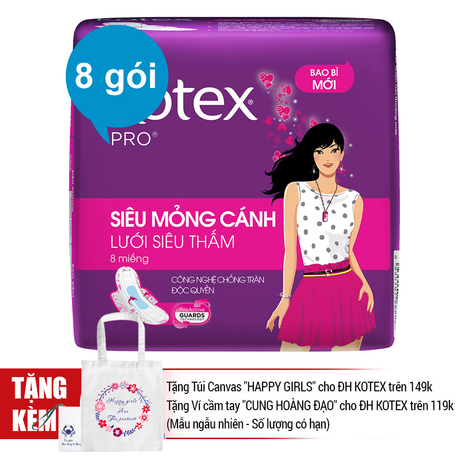 Combo 8 Gói Băng Vệ Sinh Kotex Pro Siêu Mỏng Cánh (8 Miếng / Gói)