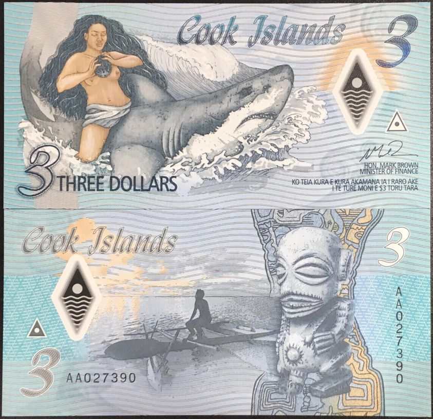 Tiền châu Úc, 3 dollars polymer đảo Cook mới ra sưu tầm, tặng kèm túi nilon bảo quản