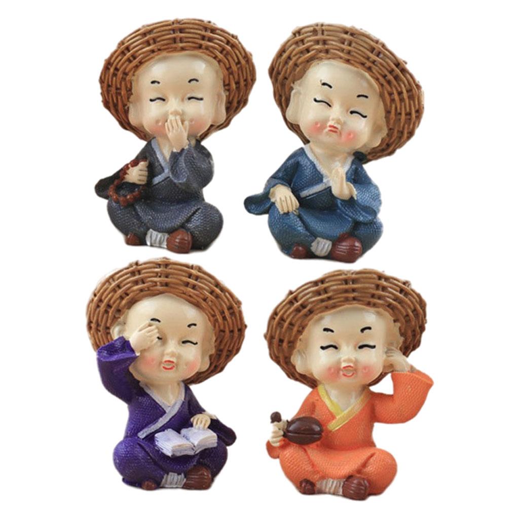 4Pc Resin Monk Figurines Cute Little Monk Statue Sculpture Decor Lovely Gift