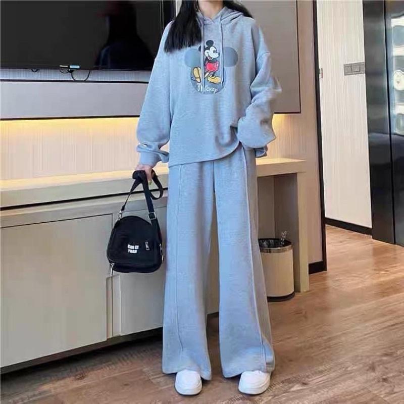 BỘ NỈ BÔNG HOODIE MŨ DÁNG SUÔNG MICKEY