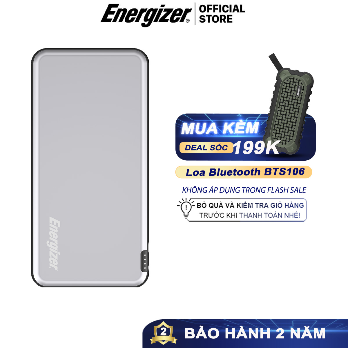 Sạc dự phòng Energizer 10,000mAh /3.7V Li-Polymer - UE10046 - tích hợp 2 cổng USB output giúp sạc 2 thiết bị cùng lúc- hàng chính hãng