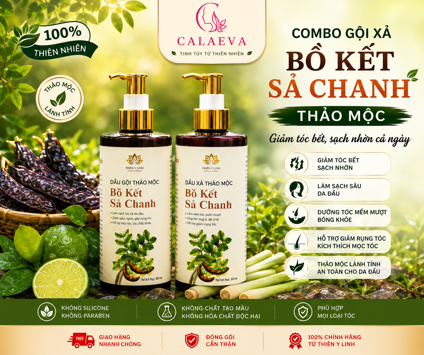Combo Gội Xả Bồ Kết Sả Chanh thảo mộc giảm tóc bết, sạch nhờn cả ngày.