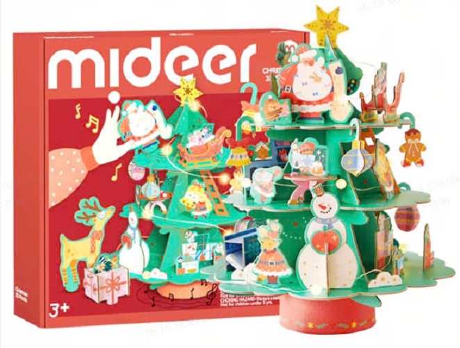 Đồ chơi Xếp Hình Cây Thông Noel Kèm Hộp Nhạc và Đèn Giáng Sinh Mideer Christmas Rotating Music 3D Puzzle 3+