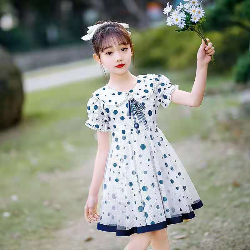Váy đầm trẻ em phong cách Hàn Quốc dễ thương, Váy chấm bi cổ hoa siêu kute