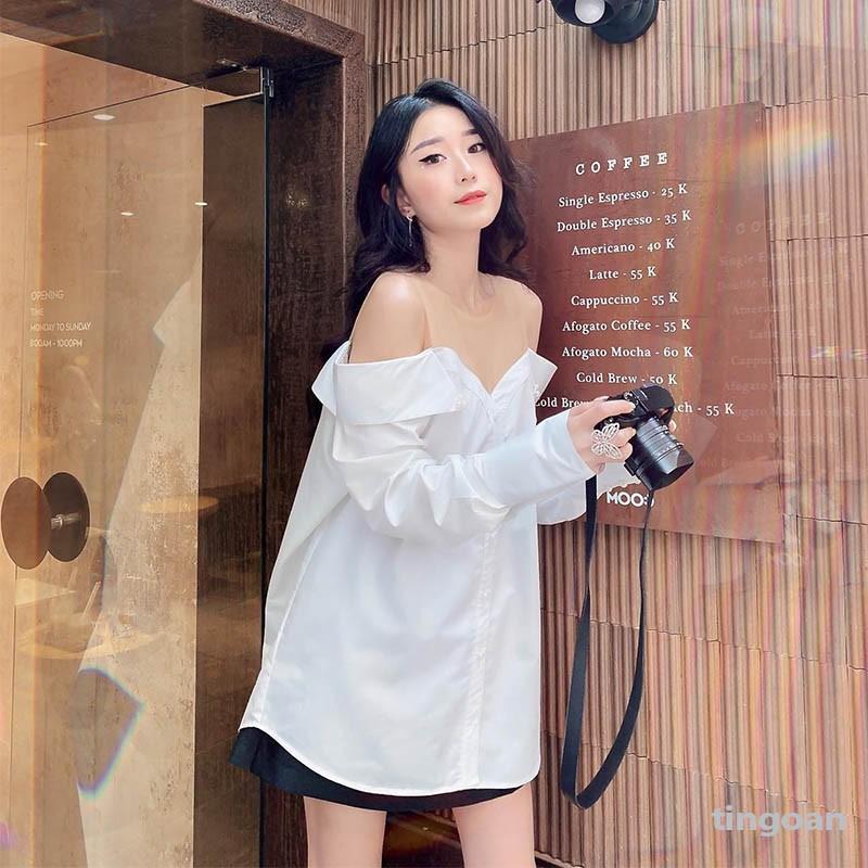 Áo sơmi trễ vai trắng phối lưới đính ngọc chống nhăn tingoan PURE LOVE SHIRT/WH
