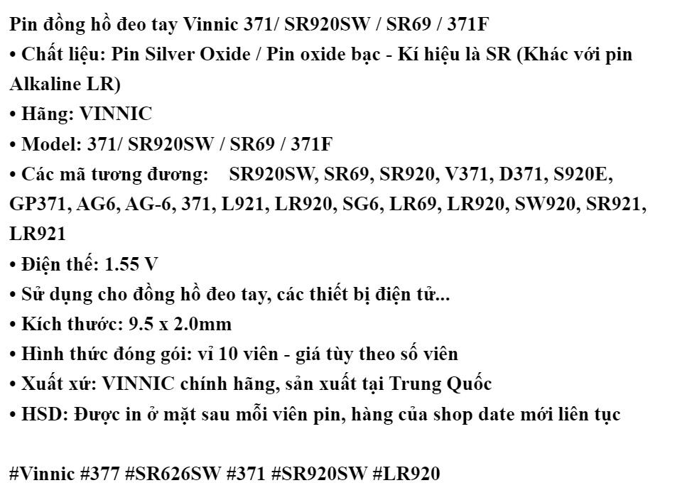 Pin đồng hồ oxit bạc Vinnic 371/ SR920SW / SR69 / 371F (Loại tốt - Giá theo số viên)