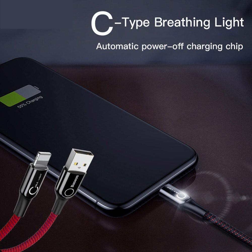 Cáp sạc Lightning tự ngắt cho iPhone 6/ 7/ 8/ iPhone X/ iPad (2.4A, Sạc nhanh, Sợi Carbon Siêu Bền) - Baseus C-Shaped  Light - Hàng Chính Hãng