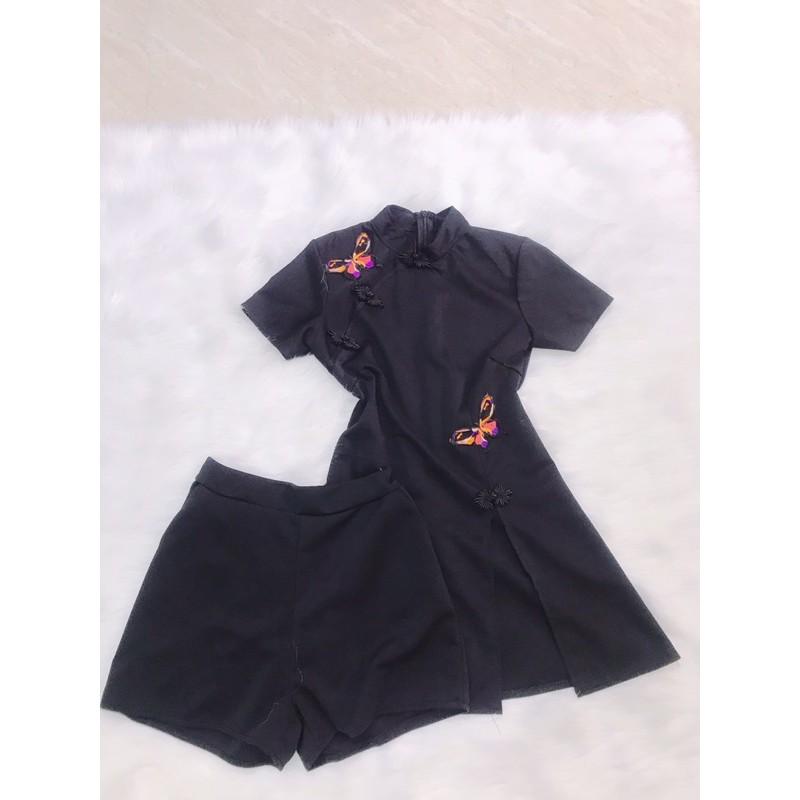 Sét đùi cổ tàu nút mây áo có khoá kéo quần có túi xinh lung linh