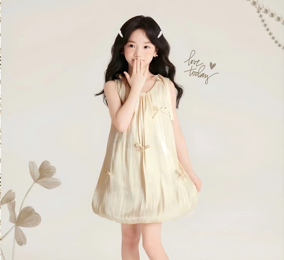 Đầm Bí Bé Gái, Váy Tiểu thư Bé Gái Voan Óng Sát Nách Rút Nơ Đi Tiệc, Đi Chơi Từ 12-45kg Dành Cho Bé Gái