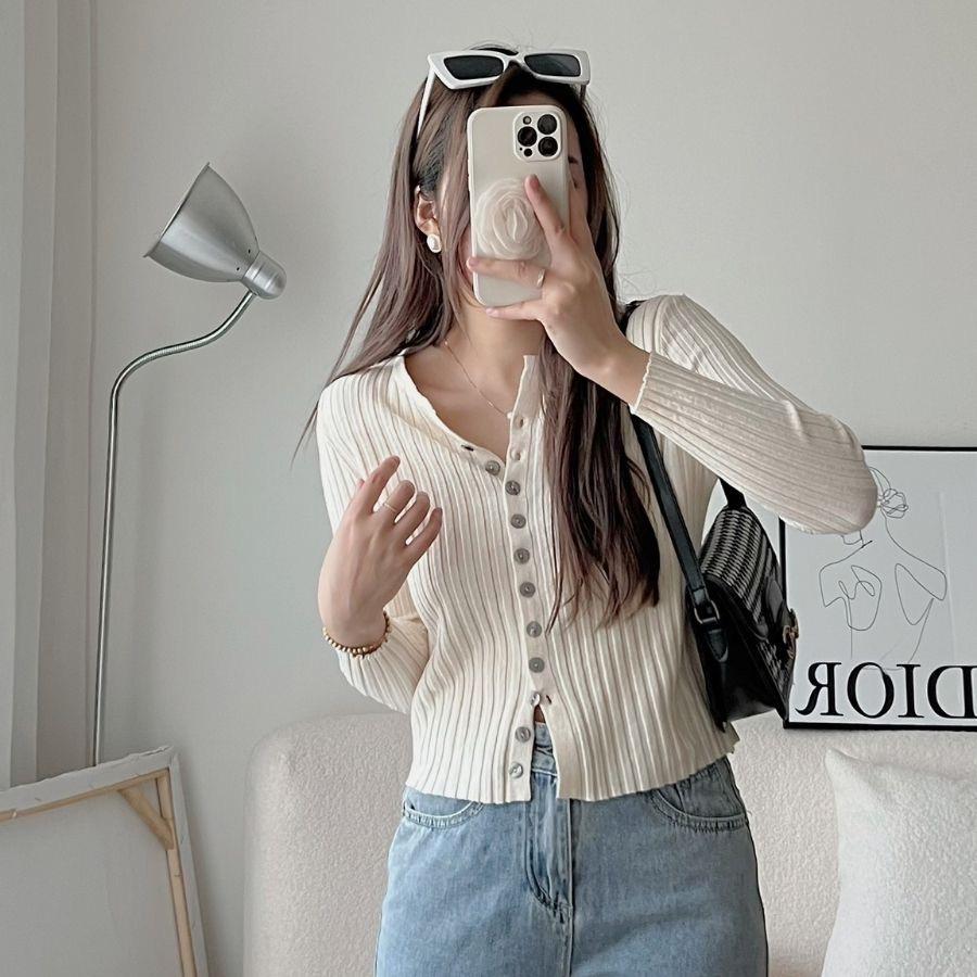 Áo len gân đũa tay dài nữ cài cúc dáng ôm co giãn dày dặn mềm mịn, Cardigan len dệt kim kiểu maxi sang chảnh trẻ trung