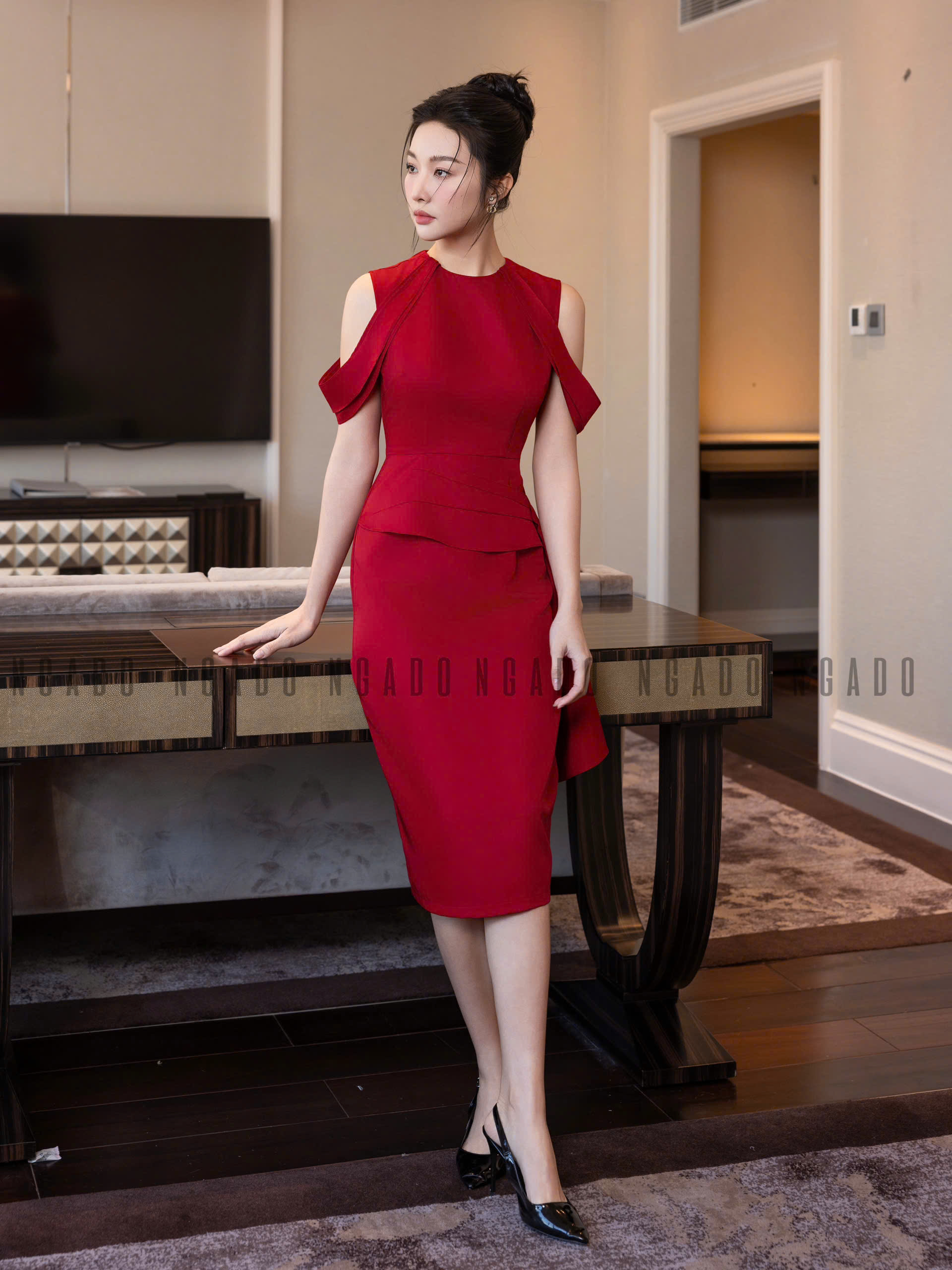 Đầm đỏ tay rơi NGADO , đầm kiểu nữ , đầm dự tiệc , đầm công sở