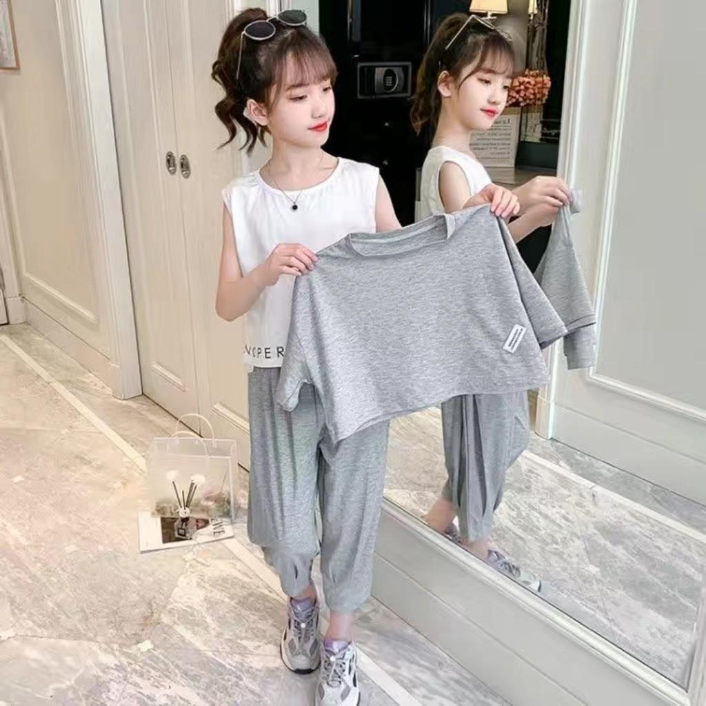 [Tặng kèm áo lót]Bộ áo crotop quần alibaba dành cho bé gái thun cotton 100% 4 chiều