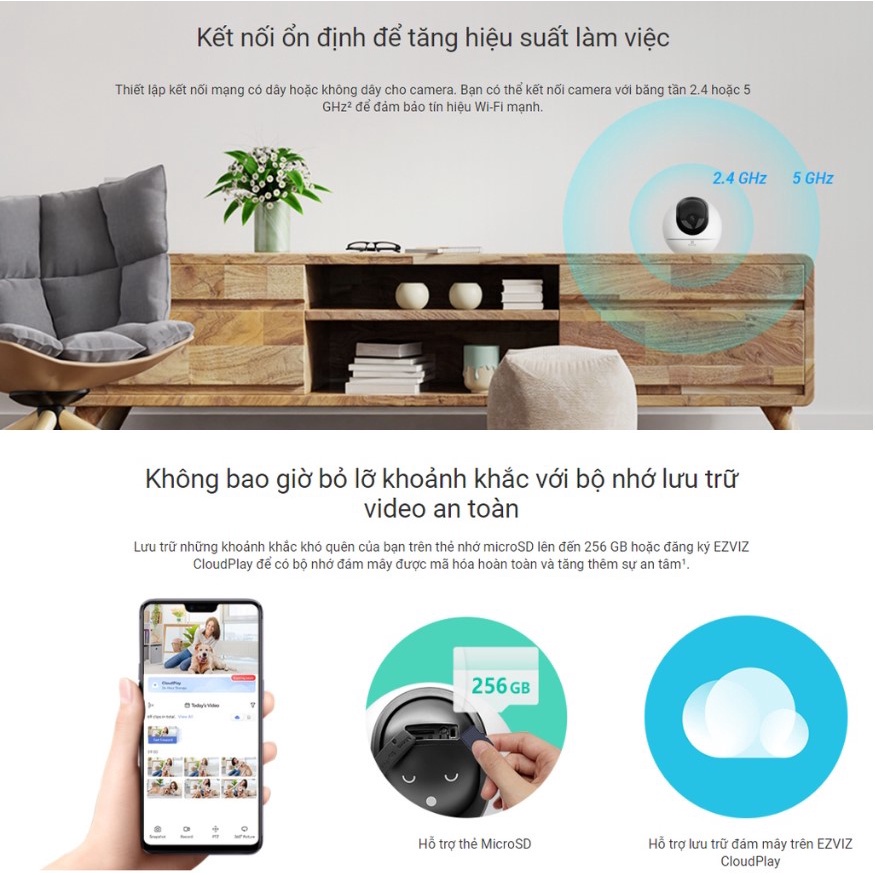 CAMERA IP WIFI TRONG NHÀ EZVIZ H6 5MP 3K COLOR - Có màu ban đêm, Đàm thoại 2 chiều, Phát hiện dáng người, vật nuôi