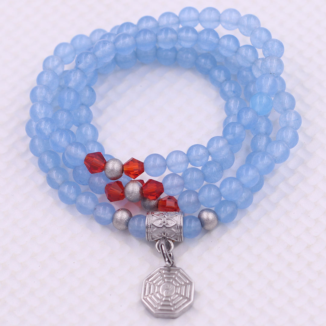 Vòng chuỗi 108 hạt đá thạch anh xanh biển 6 ly charm bát quái inox - vòng chuỗi niệm Phật, vòng tay chuỗi hạt