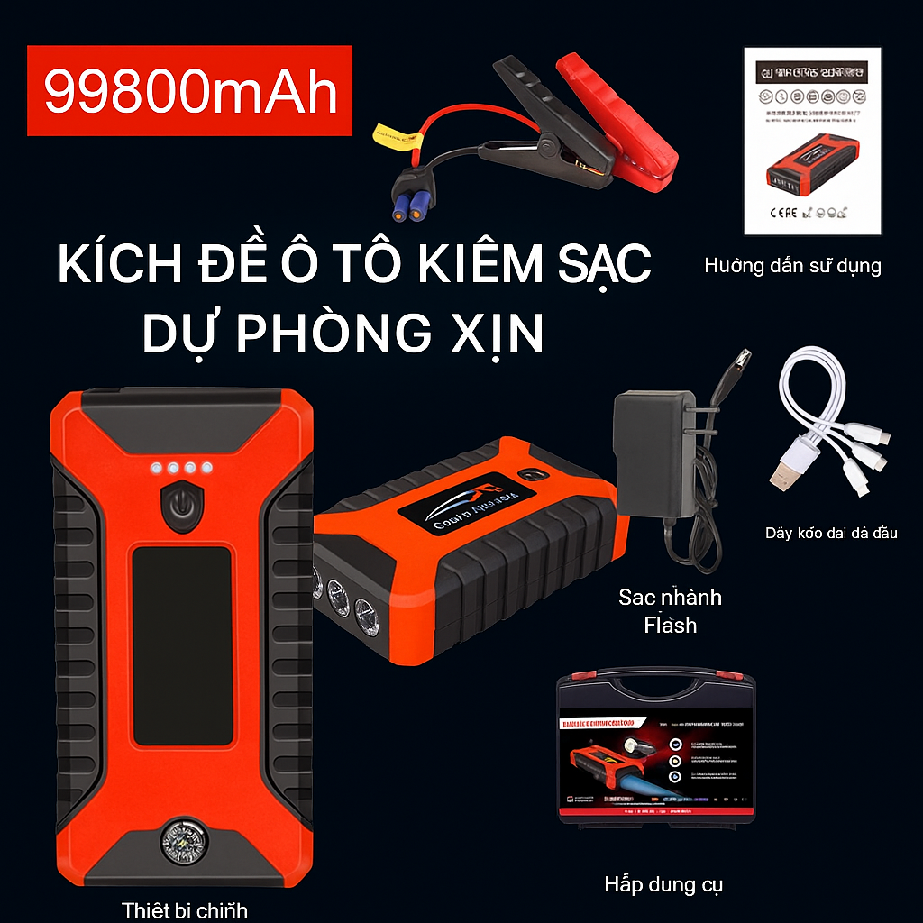 Bộ Kích Đề Nổ Ô Tô Loại Xịn 3 Trong 1 Hàng Nhật– Kích Nổ, Sạc Dự Phòng, Đèn Pijn Siêu Sáng Đa Năng, đèn trang trí