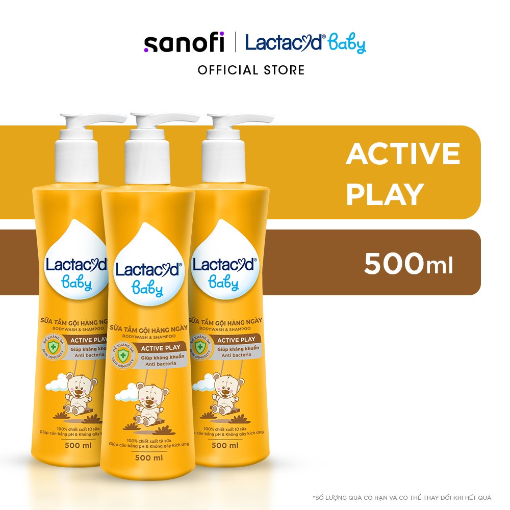 Bộ 3 chai Sữa Tắm Gội Trẻ Em Lactacyd Baby Active Play,Giúp Đề Kháng Da Và Bảo Vệ Bé Khỏi Vi Khuẩn 500ml/chai