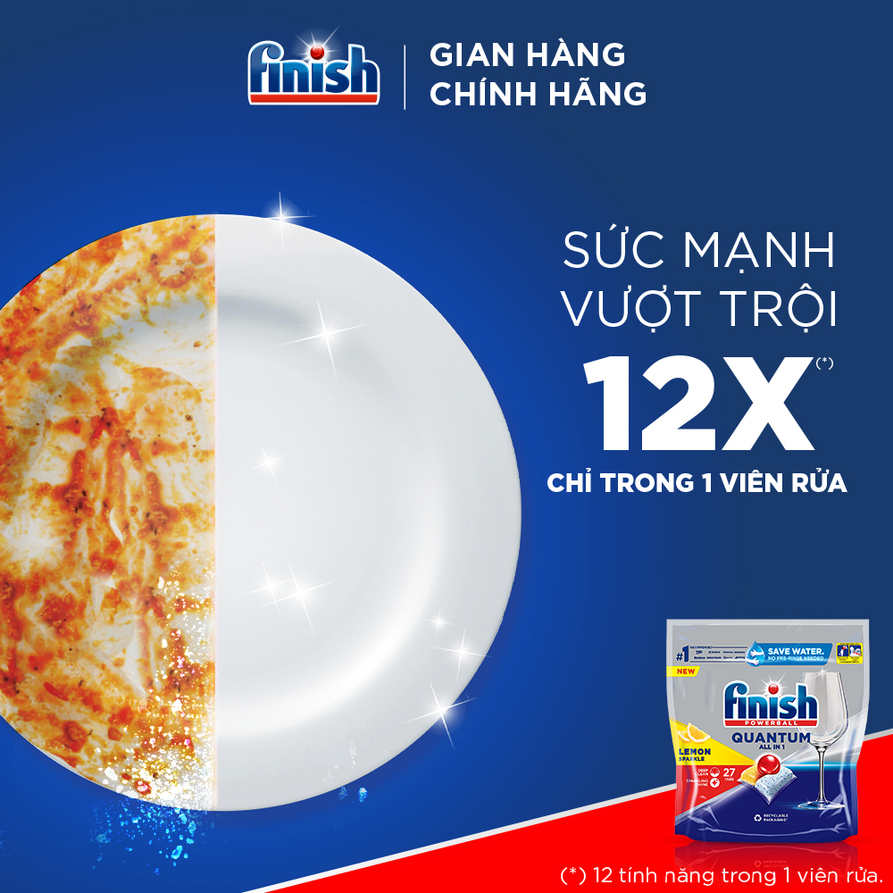 Combo Finish toàn diện: Bộ 3 túi viên rửa chén Quantum 27 viên + Nước làm bóng 500ml + Muối rửa chén bát 1kg