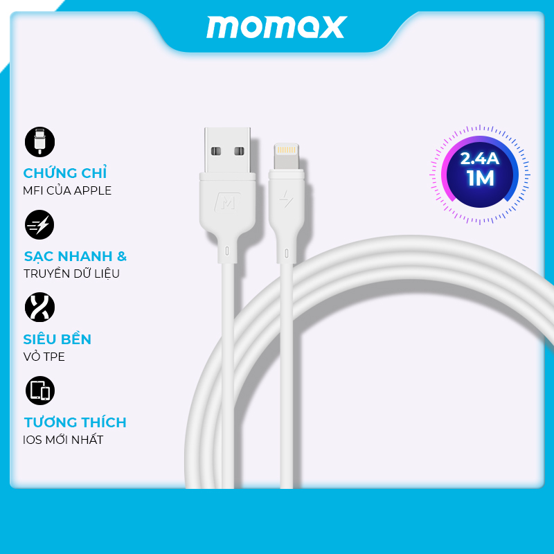 Cáp sạc nhanh cho iPhone/Ipad/Ipod  -chứng chỉ MFi - USB A to Lightning - Momax DL16- Hàng chính hãng