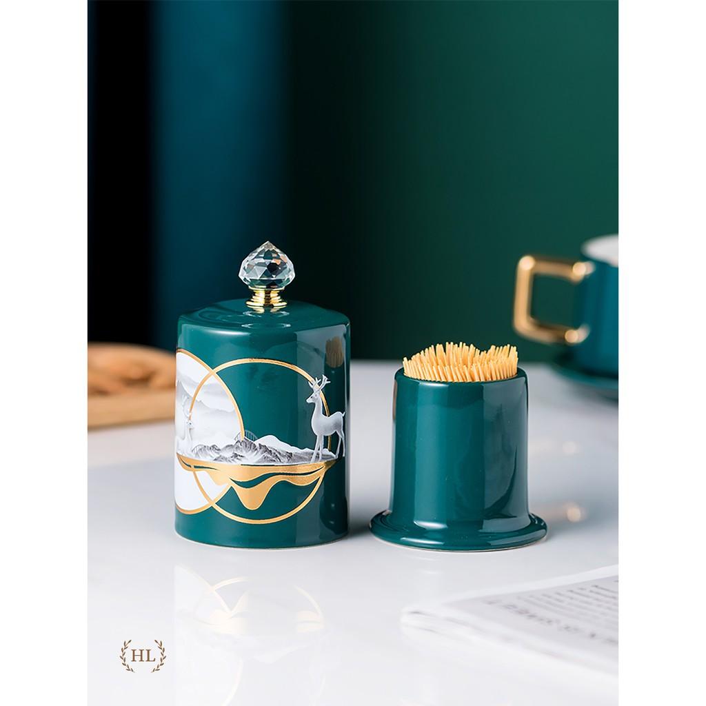 Lọ Đựng Tăm Xanh Sứ Hoa Văn Hươu Cao Cấp Vàng Kim | Hũ sứ có nắp đậy đính đá size To