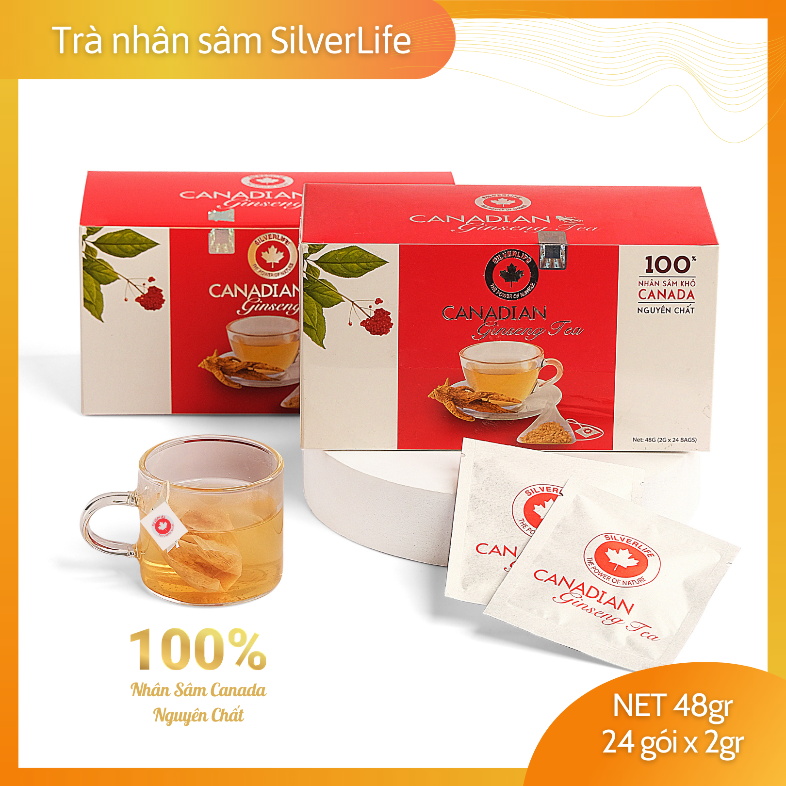 Trà nhân sâm Canada SilverLife hộp 24 gói 48g - 100% nhân sâm Canada tự nhiên nguyên chất - Giúp giải nhiệt, tăng cường sức khoẻ