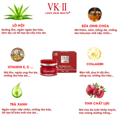 Kem dưỡng trắng, tái tạo và trẻ hóa da VK-II Love Skin White Face Cream Collagen 20g