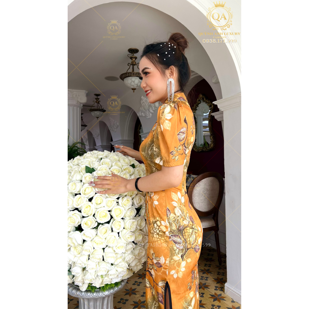 Sườn Xám Cổ Tàu Trung Hoa Lụa Ánh Kim Tone Vàng Sang Trọng Mia Dress