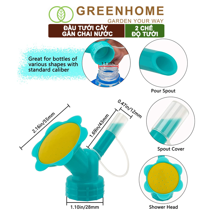 Đầu vòi tưới cây gắn chai nước, 2 chế độ tiện lợi, có nắp đậy |Greenhome