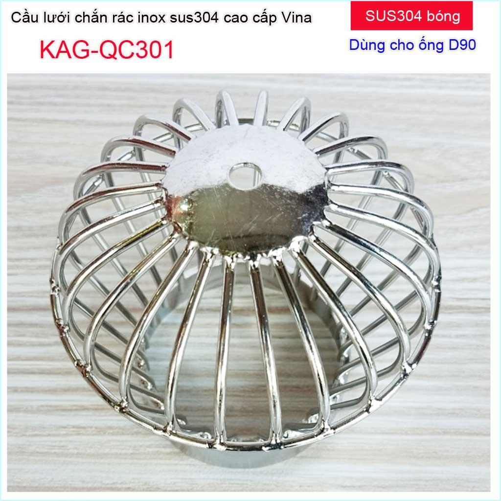 Cầu chắn rác sân thượng KAG-QC301 (ống D90), Cầu chặn rác Inox 304 đế thấp thả ống D90, cầu lưới lọc rác thoát nước mưa