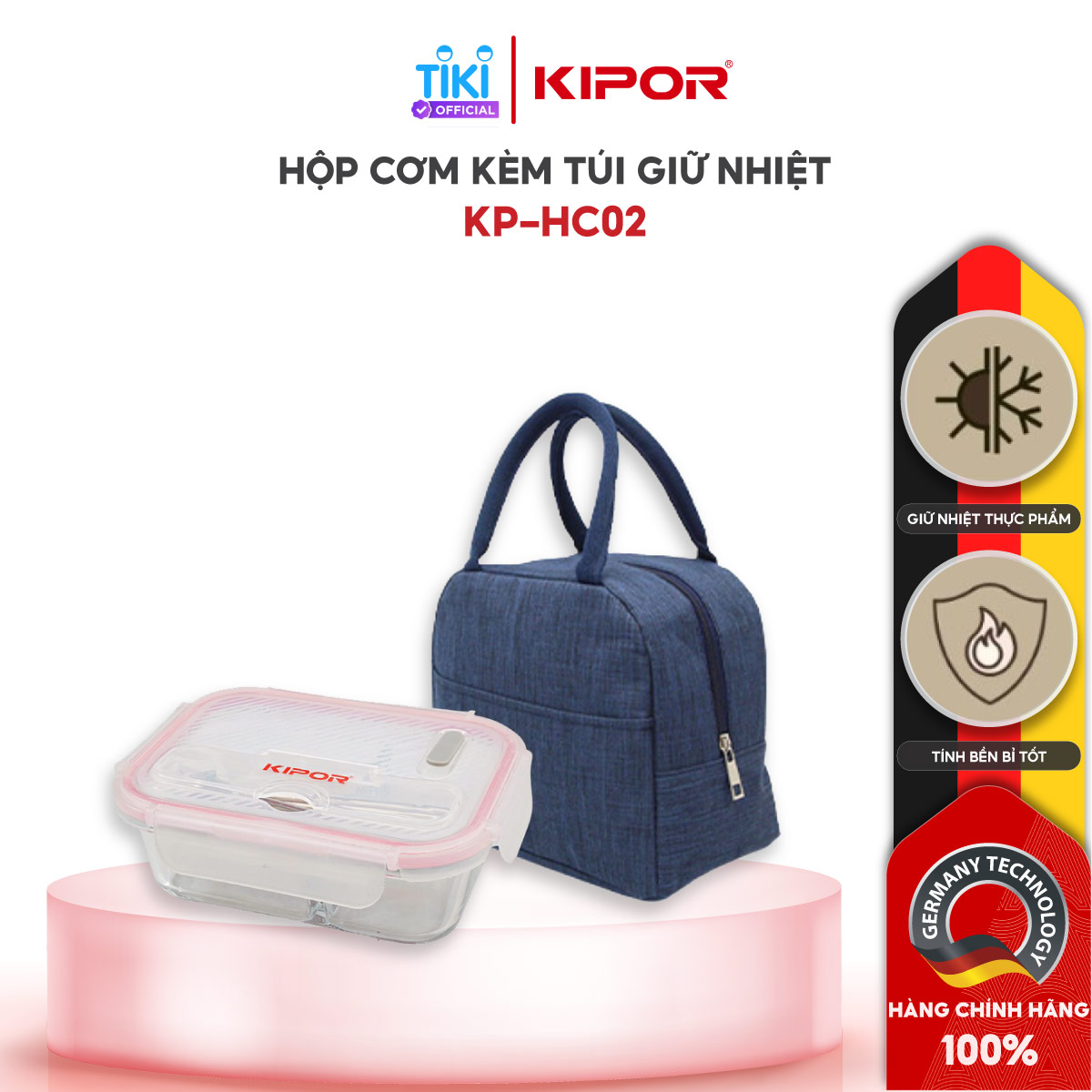 Combo hộp cơm + túi đựng cơm văn phòng KIPOR KP-HC02 - Hộp thuỷ tinh 3 ngăn kèm đũa thìa INOX - Hàng chính hãng