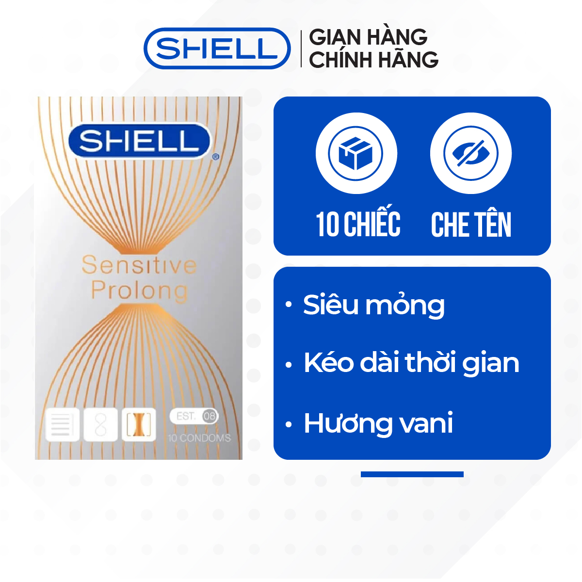 Bao cao su Shell Sensitive Prolong - Siêu mỏng 0.03mm, kéo dài thời gian