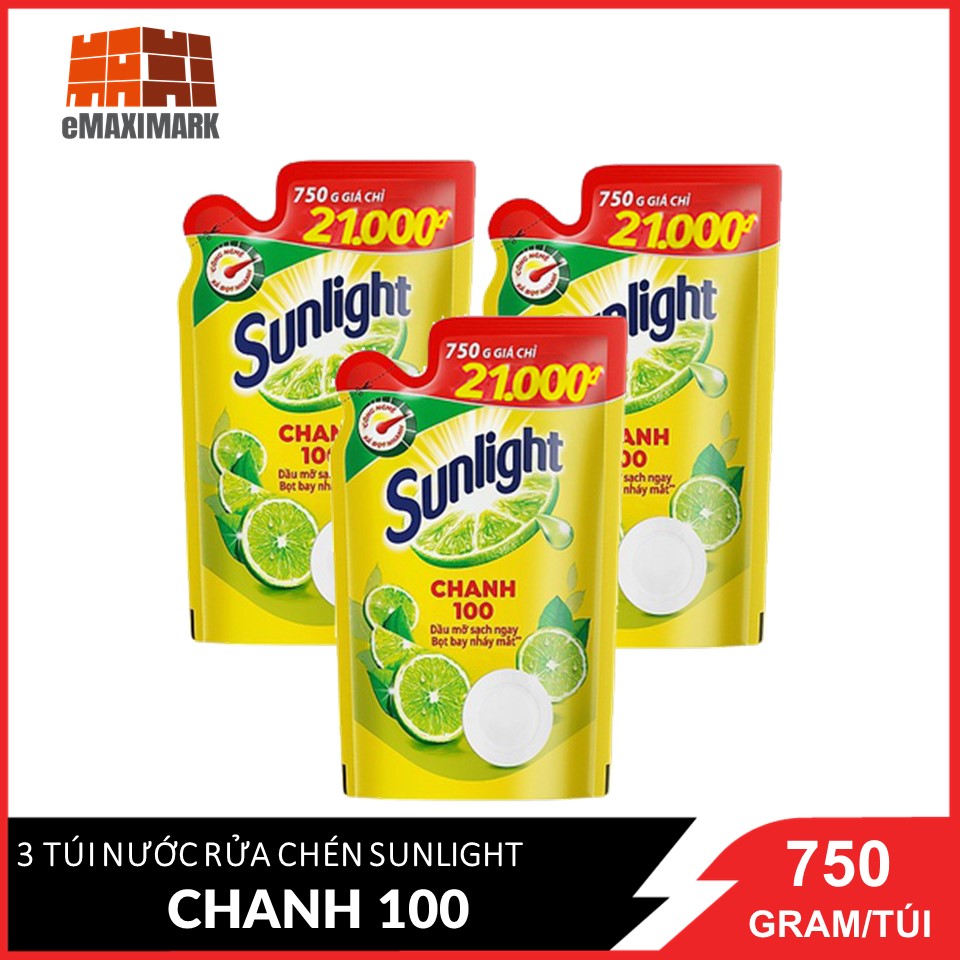 COMBO 3 Túi Nước rửa chén Sunlight Chanh 100 Túi 750gx3