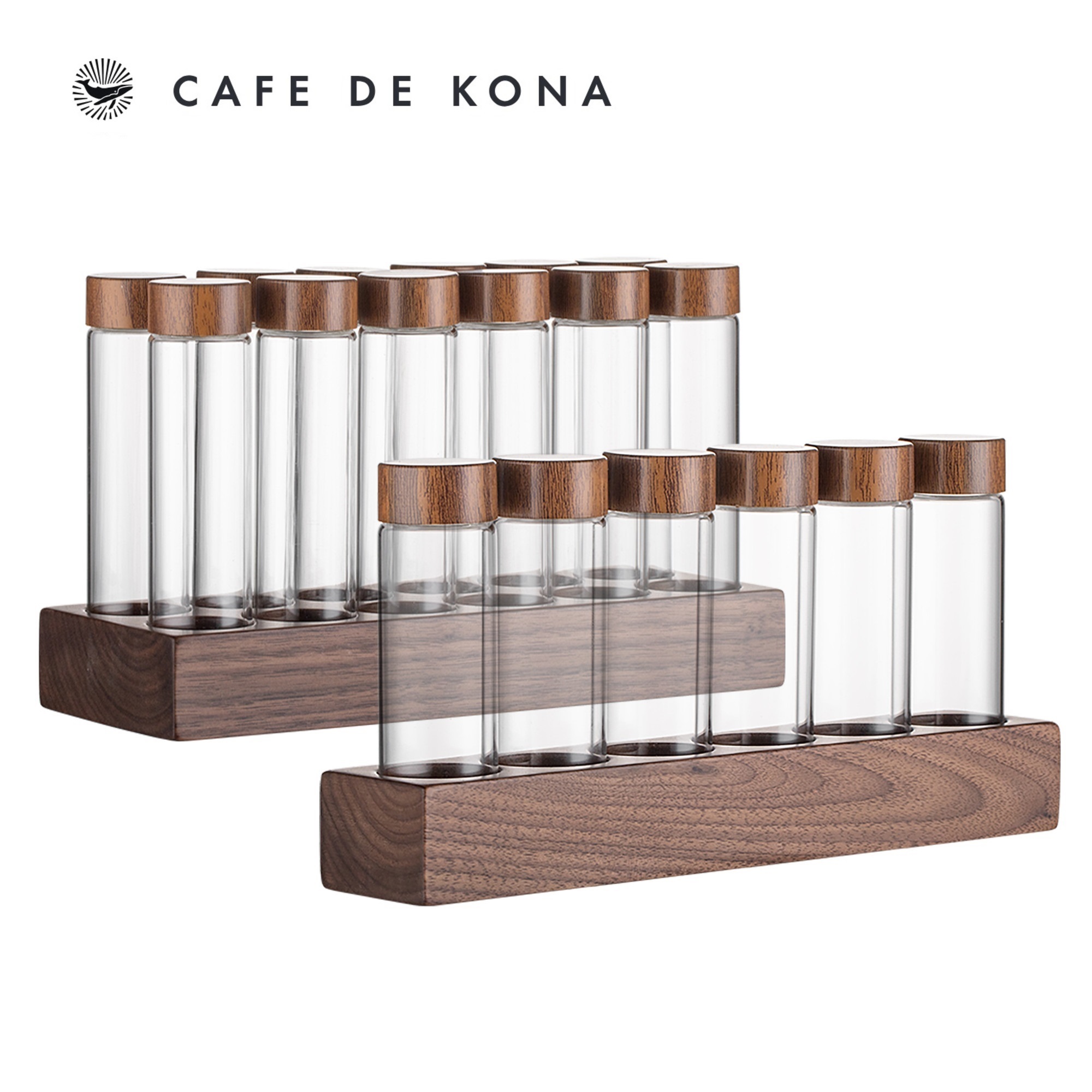 Bộ ống thủy tinh khung gỗ óc chó đựng cà phê CAFEDE KONA