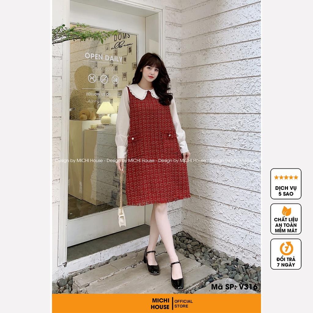 Đầm Suông Đỏ Cổ Tay Trắng Dáng Xuông Rộng Xinh MICHI House V316 Đầm Dạ Tweed Thu Đông Thiết kế Xuông Rộng Mặc Bầu Xinh