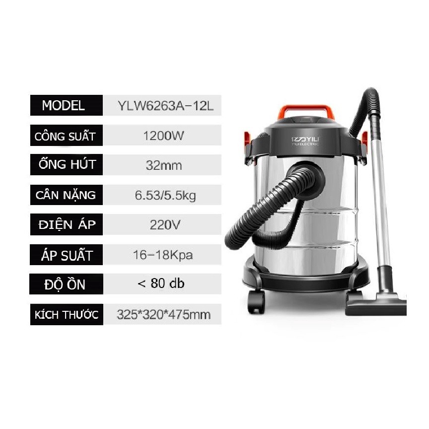Máy hút bụi công nghiệp đa năng khô và ướt ABG Yili YLW-6263A loại 12 lít công suất 1200W - thùng inox kèm lõi lọc thay thế - Hàng Chính Hãng