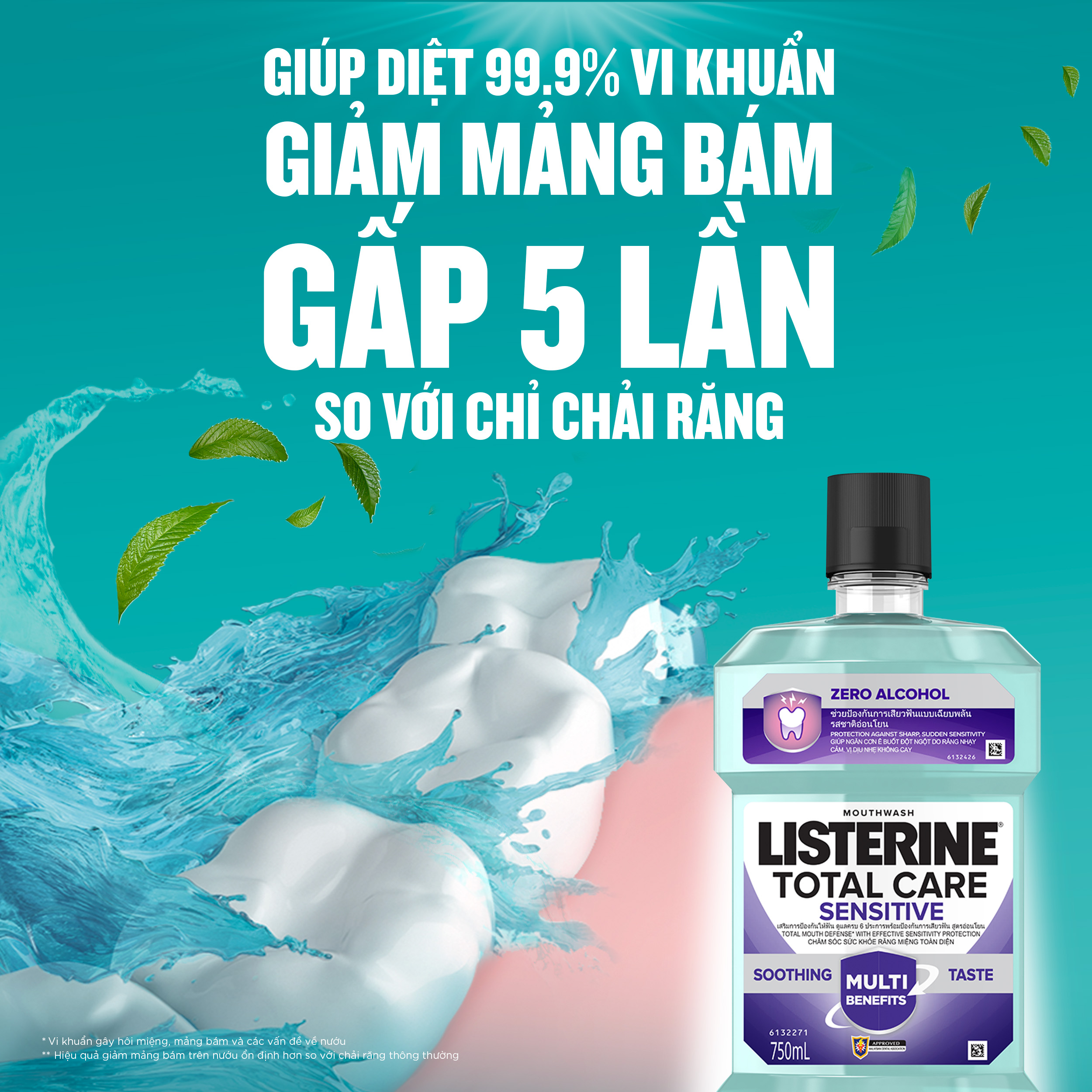 Bộ 2 Nước súc miệng cho răng nhạy cảm Listerine Total Care Sensitive Soothing Taste 750ml/chai